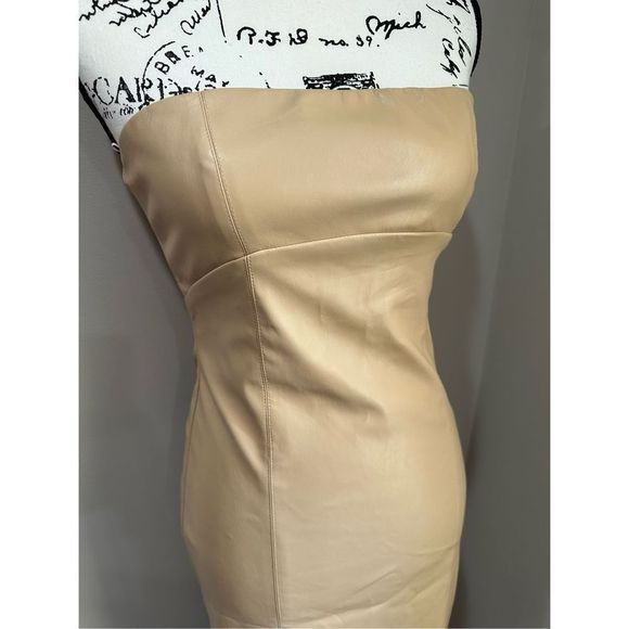 ZARA Tan Faux Leather Strapless Midi Dress S - Picture 2 of 14
